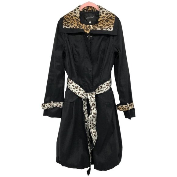 Bella Fare Black Cheetah Print Trim Lining retro slim fit Trench Coat size M - Picture 1 of 13